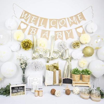 China Non-Toxic Baby Shower Decorations Gender Neutral Gold Burlap Banner Pom Poms Balloon Set Balloons for sale