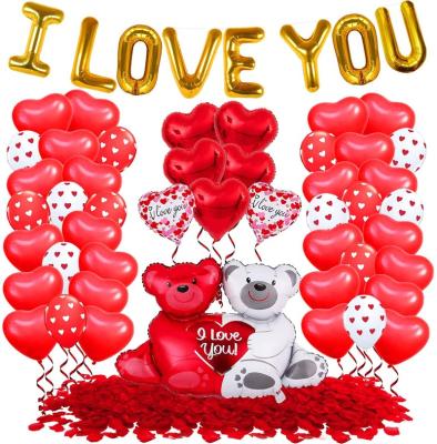 China Hot Sale Non-Toxic Wedding I Love You Balloons Red Heart Balloons Set Rose Red Teddy Bear Valentines Balloons Rose Petals Decorations 40 inch for sale