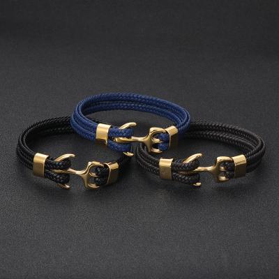 China Wholesale CLASSIC Mens Black Denim Rope Anchor Stainless Steel Handwoven Leather Bracelet For Men for sale