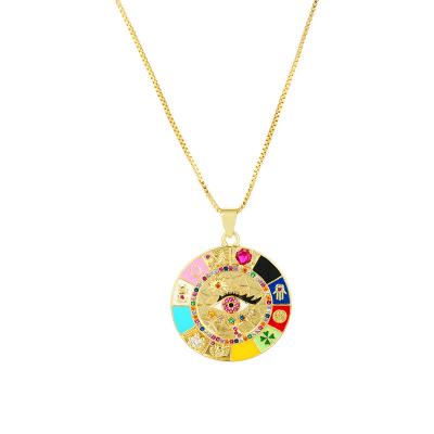 China TRENDY 18k Gold Plated Round Eye Necklace Color Necklace Evil Eye Sweater Chain Ladies Gold Pendant Necklace for sale