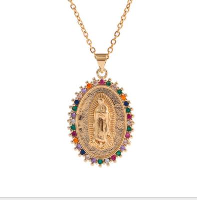 China Real Religious Gold Plated Virgin Mary Catholic Necklace Copper Inlaid Cubic Zirconia Female Religious Pendant for sale