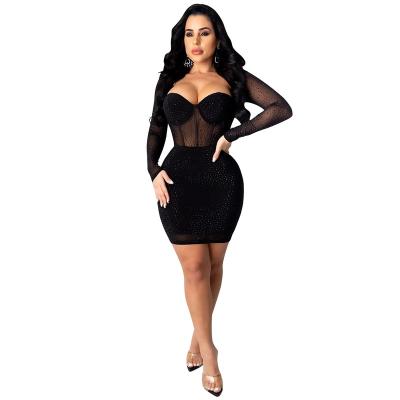 China New breathable sexy pure color women's tight club of the sense wear rhinestone transparent fashion elegant long sleeve dress for sale