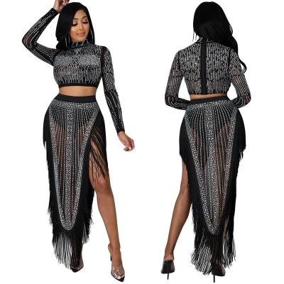 China Shiny High Quality Breathable Rhinestone Women Fringed Fashion Hot Drilling Sexy Dress Dresses Trim Two Piece Sets for sale