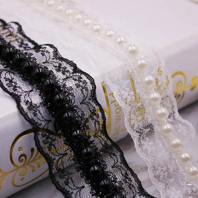 China Morden Beautiful Morden Pearl Ribbon Trim Embroidery Dress Beaded Decoration White Black Vintage Nylon Sewing Lace for sale