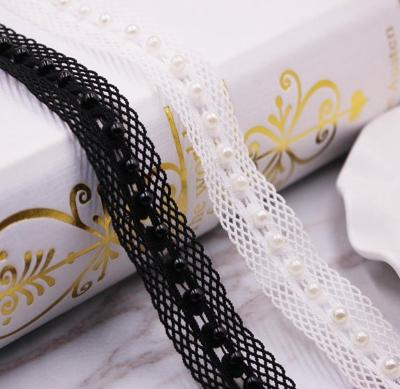 China Morden Eishow 1.5cm Black/White Net Pearl Ribbon Beaded Trim Fabric Handmade Sewing Accessories Lace Up Trim for sale