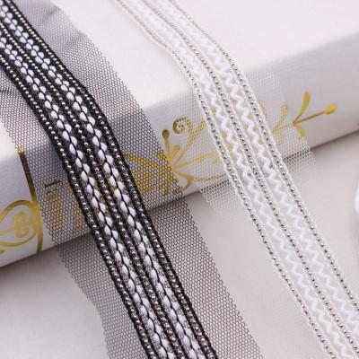 China Morden Eishow Chain Lace Ribbon Embroidery Based Lace Mesh Handmade Sewing Webbing Beaded Trim for sale