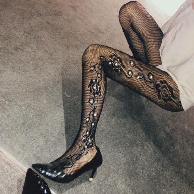 China Fashion Breathable Sexy Lace Inset Hollow Out Stockings Women Custom Design Seamless Mesh Tights Compression Gaiters for sale