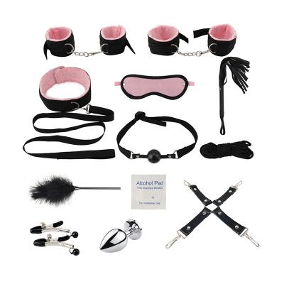 China High Quality Sexy 12pcs BDSM Kits Plush Sex Bondage Set Handcuffs Exotic Accessories Whip Rope Sex Toys Lingerie for sale