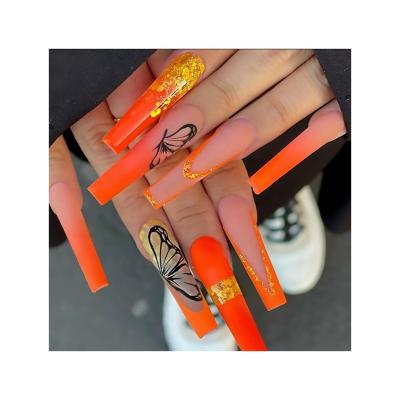 China Easy Apply Artificial Nails Bright Orange With Glitter Butterfly Wings Press On Nails For False Nails Wholesale ABS Fake Nails 24pcs/box for sale