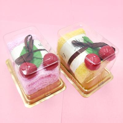 China Cute Safe Promotional Cotton Activity Box PVC Square Cake For Gift Kids Form Cherry Face Hand Towel for sale