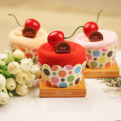 China Cute Kids Safe Microfiber Cherry Pudding Cup Cake Shape Door Gift Towel Cake Souvenir for sale