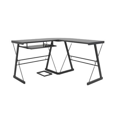 China Extendable L-shaped computer desk in black finish, glass-metal computer desk for sale