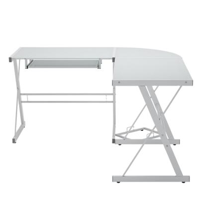 China L-shaped extendable mail order computer desk in white finish, glass-metal computer desk for sale