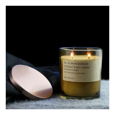 China Wholesale 300g Luxury Custom Scented Amber Glass Jar Scented Soy Double Wick Packaging Candle With Metal Lid for sale