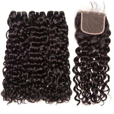 China Natural Virgin Water Wave 9a Human Hair Bundles With Lace Closure for sale