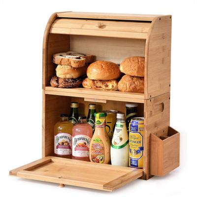 China Addreen Eco-friendly Bamboo Bread Box For Kitchen Countertop Dobule Layer Desktop Bread Bin With Basket Customize for sale