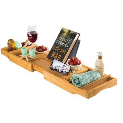 China Addreen Tray Sustainable Bamboo Bath Cart for Tub, Expandable Bath Tray with iPad iPhone Book and Wine Rack for sale