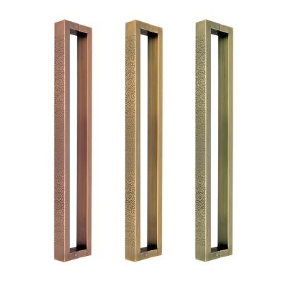 China Easy Installation Customized Stainless Steel Square Tube Engraved Hotel Villa Store Door Long Door Antique Bronze Balustrade Glass Pull Handle for sale