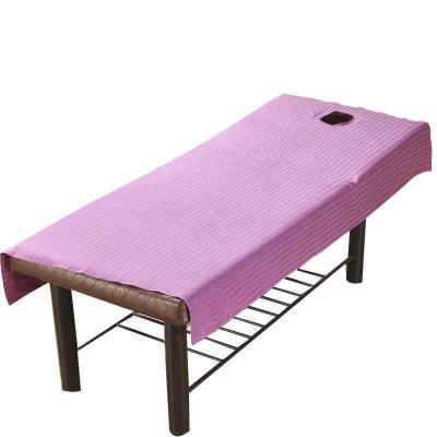 China Solid White 100% Cotton Purple Rose Hole Spa Massage Sheet Nondisposable For Massage Table for sale