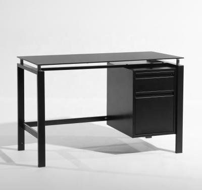 China Knock Down Hotsale Tempered Glass Modern Black Top Steel Desk for sale