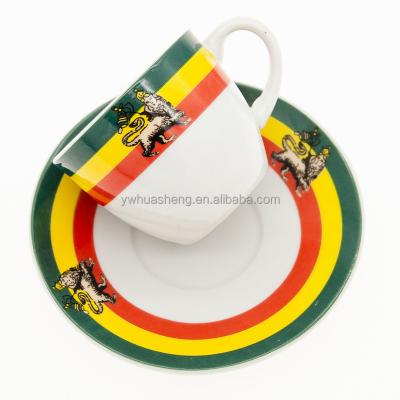 China Manufacture Sustainable Sale 85ml Ceramic Cup And Saucer Fine Bone China Traditional Ethiopian Flag Design for sale