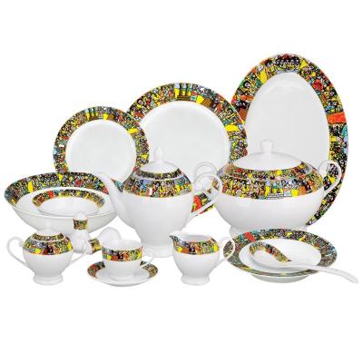 China HS Disposable 48pcs Ethiopian/Eritrean Art Classic Saba Design Dinner Sets Fine Bone China Dinnerware for sale