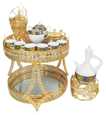 China Sustainable Ethiopian Traditional Porcelain Coffee Sets With Metal Serving Two Tier Arabic Table Tray Sets for sale