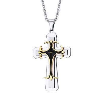 China 2022 New Hiphop Fashion Cross Pendant Necklace For Men's Multilayer Metal Creative Cross Gold And Silver Long Pendant Necklace for sale