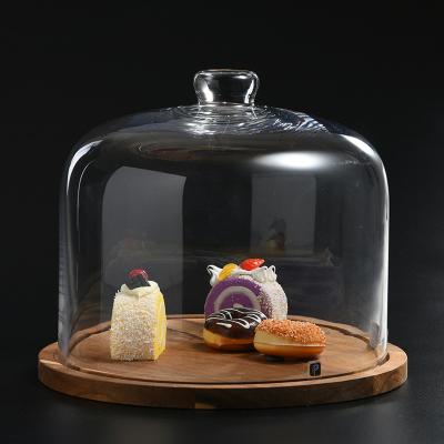 China Viable thick glass cover with wooden plate dessert bread cake display stand professional manufacturing supply for party decoration for sale