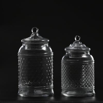 China No factory for wholesaler transparent glassware with floral glass candy jar or marshmallow jar with glass lid for food storage for sale