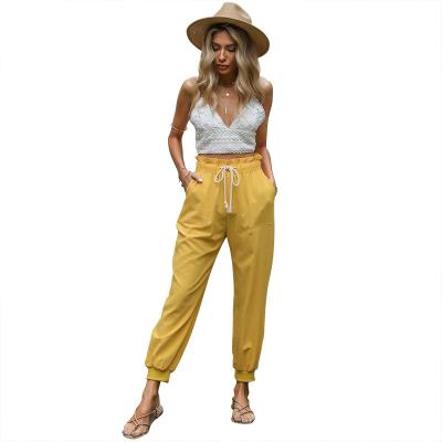 China 2021 Summer New Women Color Breathable Pure Cotton And Drawstring Leg Canvas Harem Pants Loose Jogger Pants Sweatpants for sale