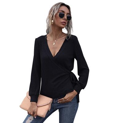 China New Breathable Women's Solid Color Commuter Black Pullover V-Neck Knitting Casual Sexy Long Sleeve Top Slim T-shirt for sale