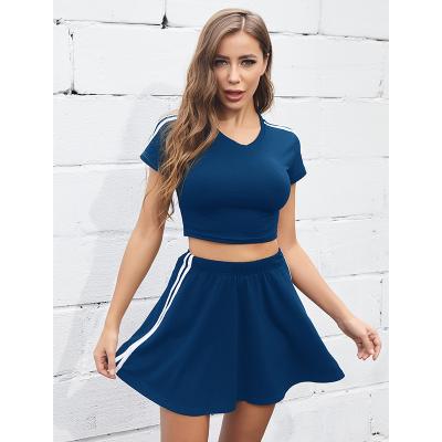 China Breathable a short sleeve blouse with solid color stripe and skirt sports suit for women to wear in summer workout quick dry overall for sale