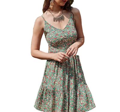 China 2021 New Summer French Romantic Casual Dress Strapless V-Neck Skirt Floral Short Floral Dress Breathable Sexy Chiffon for sale