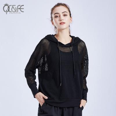 China 2021 New Women's Spring Mesh Sports Wear Hooded Gym Wear Long Sleeves Casual Loose Breathable Yoga Running Blouse for sale