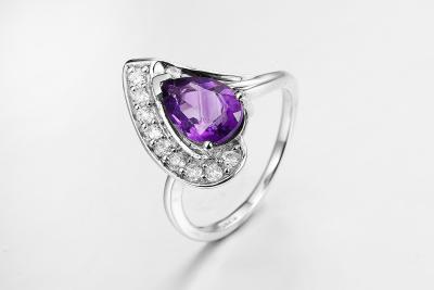 China Rhodium Plated Amethyst Nautual Gemstone Ring 5.23g 925 Silver Womens Ring for sale