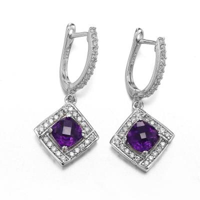 China Purple 925 Sterling Silver Gemstone Earrings 2.6g Amethyst Drop Earrings for sale