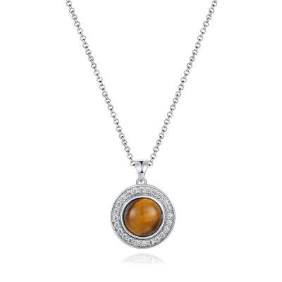 China Women 925 Silver Gemstone Pendant Round Rhodium Plating Tiger Eye Stone Pendant for sale