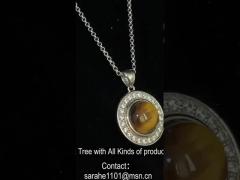 Women 925 Silver Gemstone Pendant Round Rhodium Plating Tiger Eye Stone Pendant