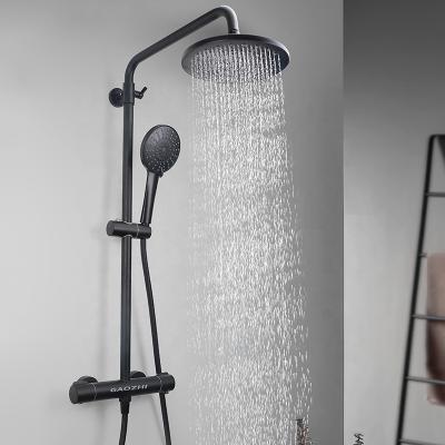 China Without Slide Bar GaoZhi Newest Wash Room Black Waterfall Rain Thermostatic Bathroom Shower Set With Spout Round Head for sale