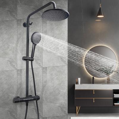 China Without Slide Bar GaoZhi Stainless Steel Column Thermostatic Mixer Shower Bathroom Black Shower Mixer System Rain Shower Set for sale