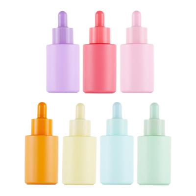 China Popular Colorful Macaron Customization Glass Dropper Essential Oil Glass Cosmetic Packaging Flat Bottles With Screw Cap for sale