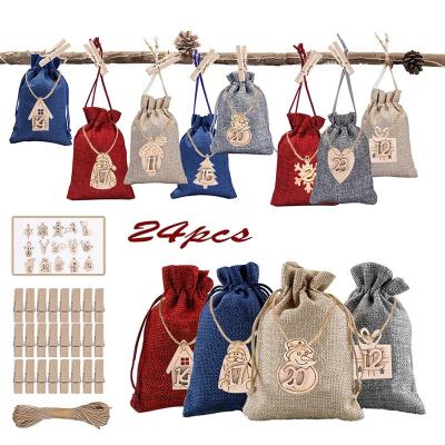 China Eco-Friendly Christmas Advent Calendar Bags Set 24 Days Burlap Advent Calendar Gift Drawstring Bags with DIY Staples Christmas Embellishments for sale