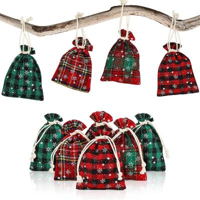 China 24pcs Christmas Jute Eco-Friendly Gift Bags Santa Sacks Drawstring Bag Buffalo Plaid Christmas Canvas Gift Bags For Advent Calendars Jewelry for sale