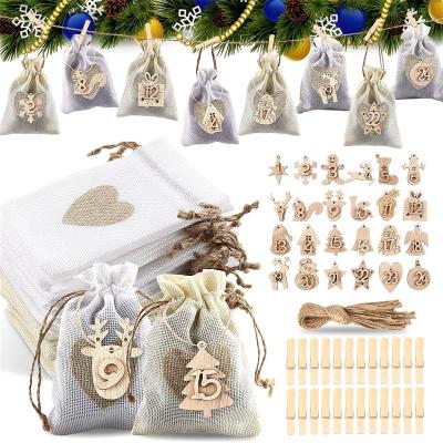 China Eco-Friendly Christmas Advent Calendar Bags Christmas Countdown Calendar Bag with 24 Number Tags Wooden Sling Strings for sale