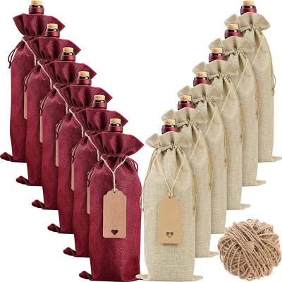 China Modern Reusable Drawstring Wine Bottle Cover Tags String Bags Wine Bottle Covers For Christmas Holiday Party for sale