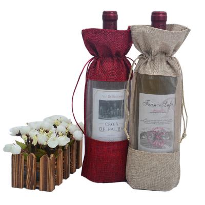 China Modern Burlap Wine Bottle Bags With Sheer Window Organza Hessian Drawstring Gift Bags For Wedding Festival Wine Tasting Gifts for sale