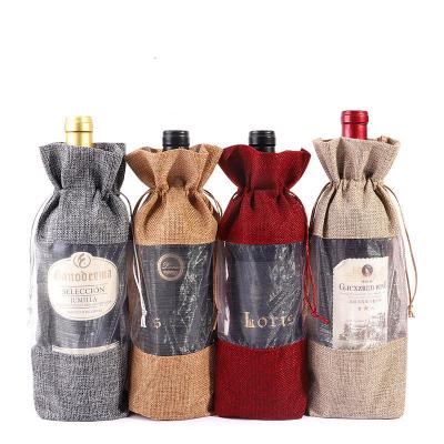 China 12Pack Durable Burlap Wine Bags Clear Window Burlap Wine Gift Bags with Tags and Rope Drawstring Wine Bottle Bags for Party Wedding for sale