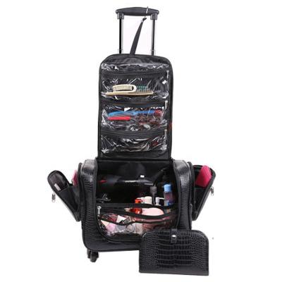 China Professional Fashion Makeup Artist Travel Rolling Bag Crocodile Pattern Hair Salon Tools Trolley Case With Pockets And Makeup Pouch for sale