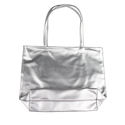 China Large Metallic Silver Logo PU Tote Bag Simple Stylish Tote Bag Women Custom Made Acceptable Handled for sale